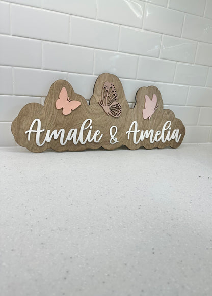 Name Sign Wood Butterfly Double Layer Name Sign 3D