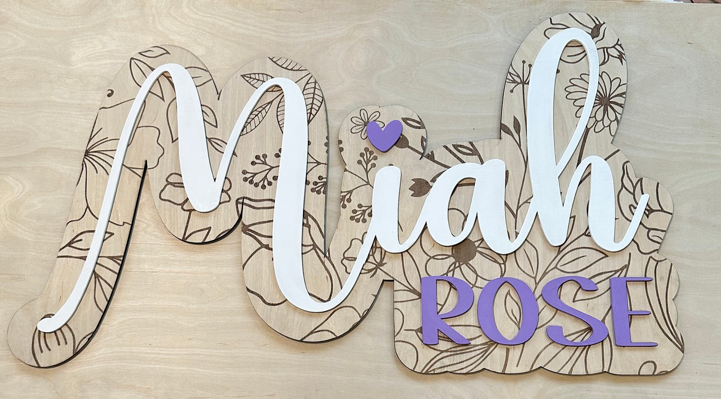 Floral Name Sign Wood Floral Double Layer Name Sign 3D Boho Floral Engraved Plaque Boho Nursery Decor Leaf Name Sign Shower Decor Birthday Arch Name