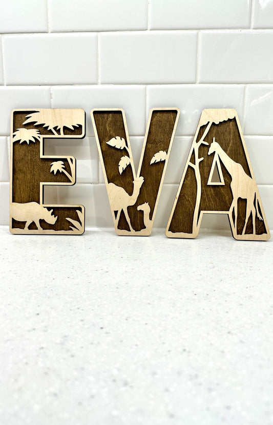 Safari Animal Name Sign Letter Wood Decor Jungle Initial Rustic Boho Bedroom Wall Baby Nursery Art Door Kids Room Toddler Name Wall Decor