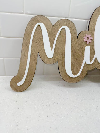 Name Sign Wood Floral Double Layer Sign 3D Boho Floral Engraved